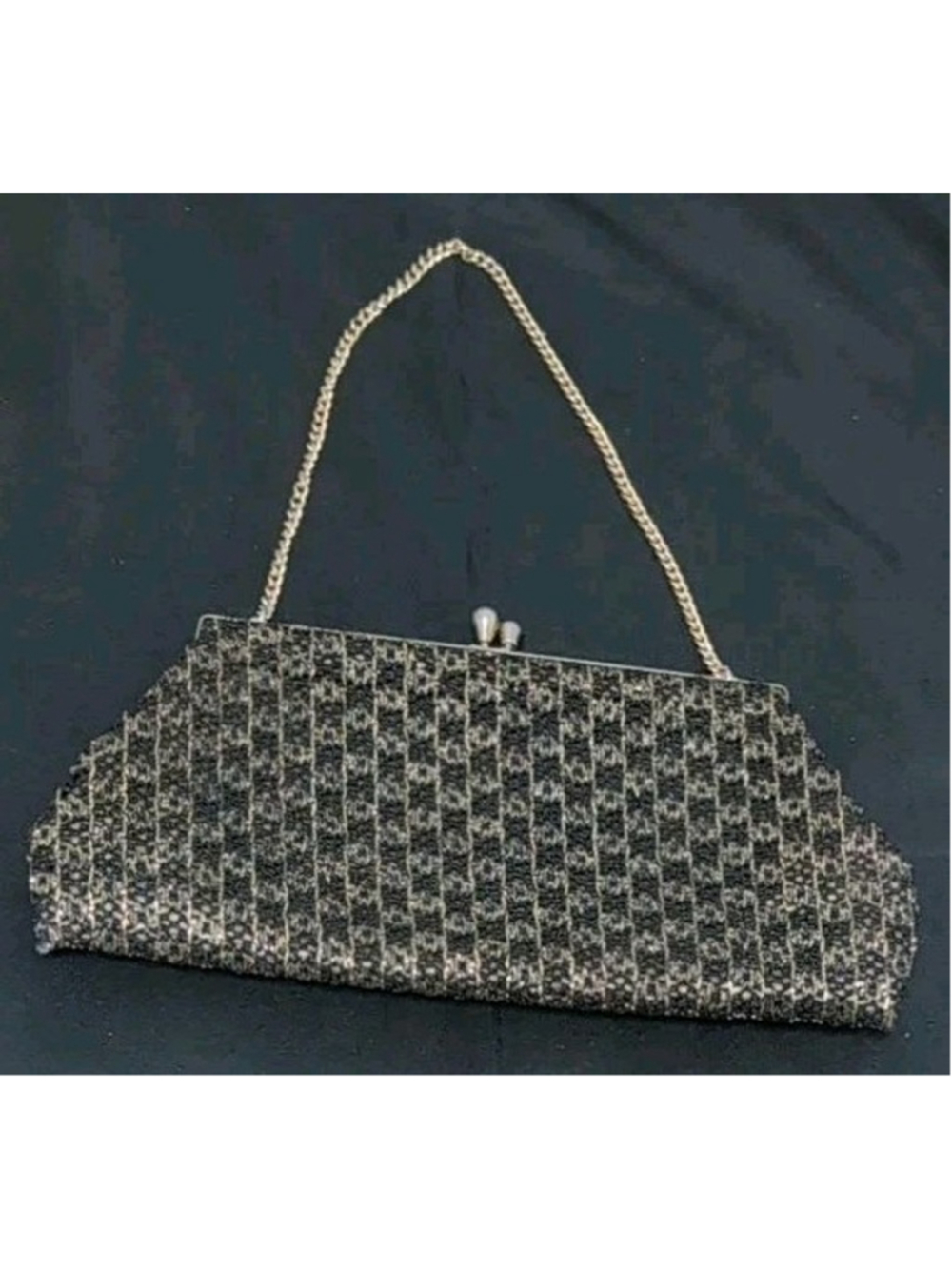 Vintage 50s 60s Geometric Gold Metallic Black Purse Evening Bag Embroider Clutch